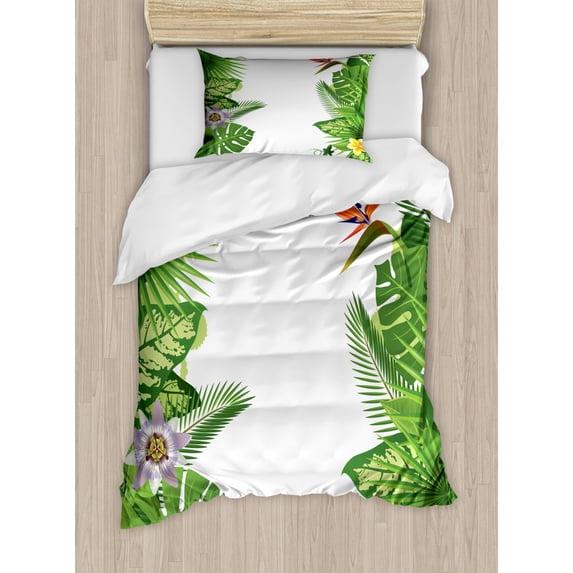 Tropical Duvet Cover Set Twin Size, Lush Growth Rainforest of Hawaii with Frangipani Philodendron Birds of Paradise, Decorative 2 Piece Bedding Set with 1 Pillow Sham, Multicolor, by Ambesonne