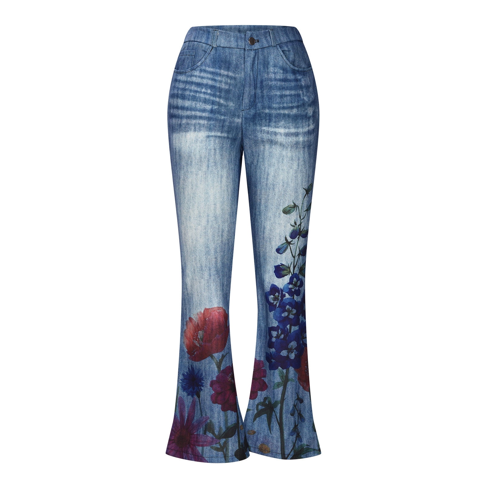 High-Rise Bell Bottom Flare Jeans for Womens Floral Broad Feet Denim ...