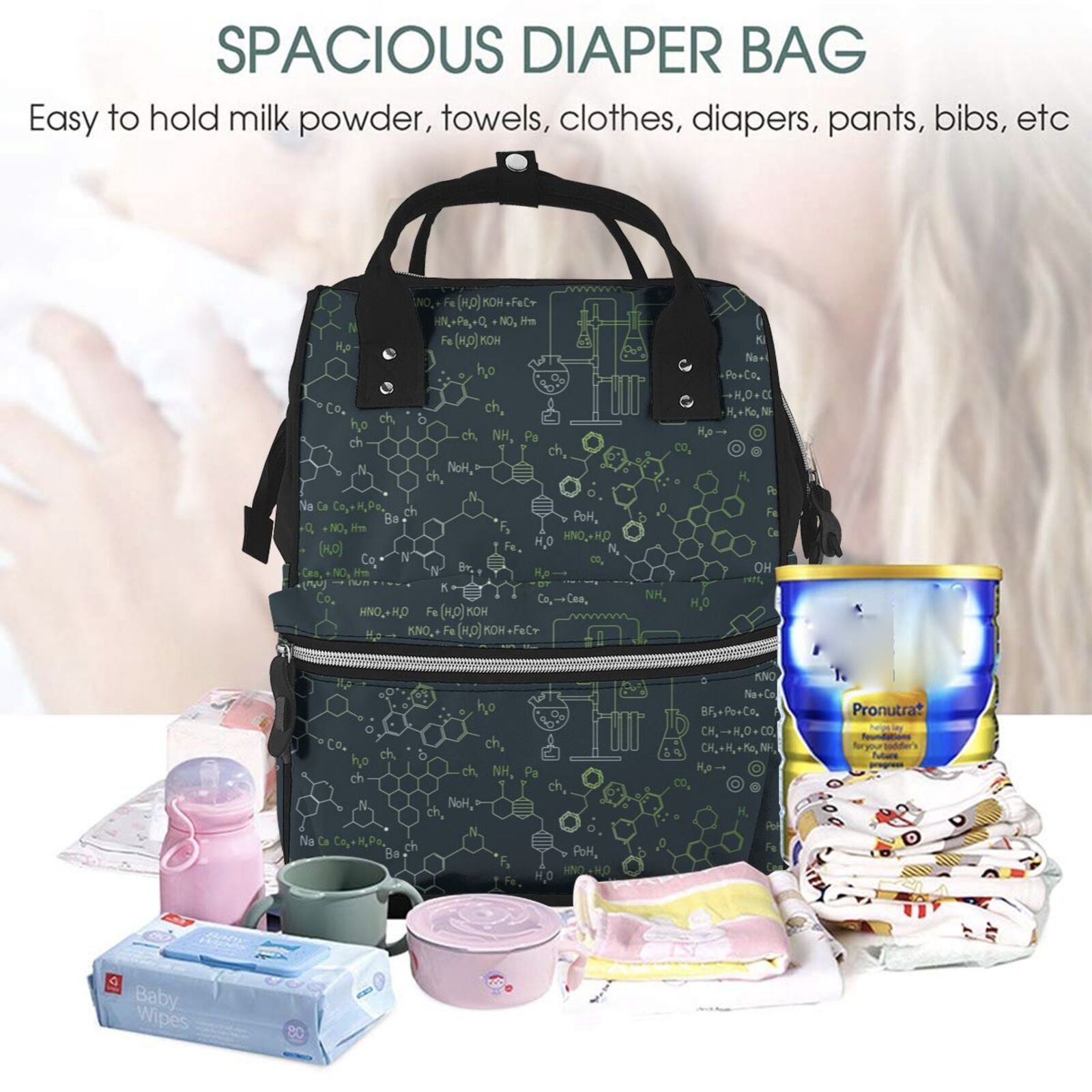 Ratiio Chemistry Formulas 2 Mummy Backpack - Waterproof Twill Canvas, Large Capacity Diaper Bag with Multiple Pockets and Adjustable Straps