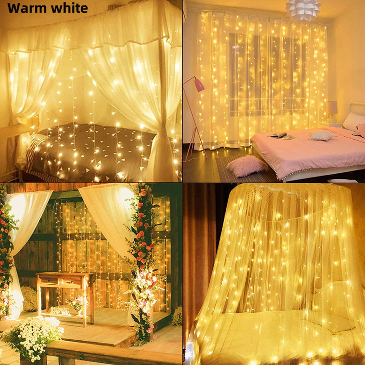 LED Curtain String Light 300 Warm White Window Fairy String Lights with 8 Modes 