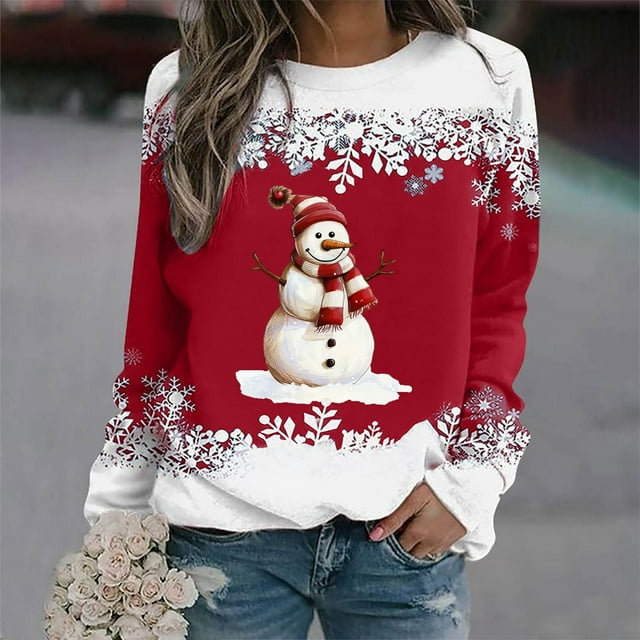Jienlioq Hauts pour Femmes Tendance Noël Mode Décontractée Imprimé Col Rond Ample Manches Longues Hauts Blouse Chandails en Molleton Cyberlundi