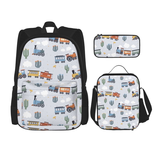 Balery Trains And Cactuse Mochila Escolar 3 en 1 para Niños - Mochila Resistente con Lonchera Térmica y Estuche - Mochila Escolar para Niños y Niñas