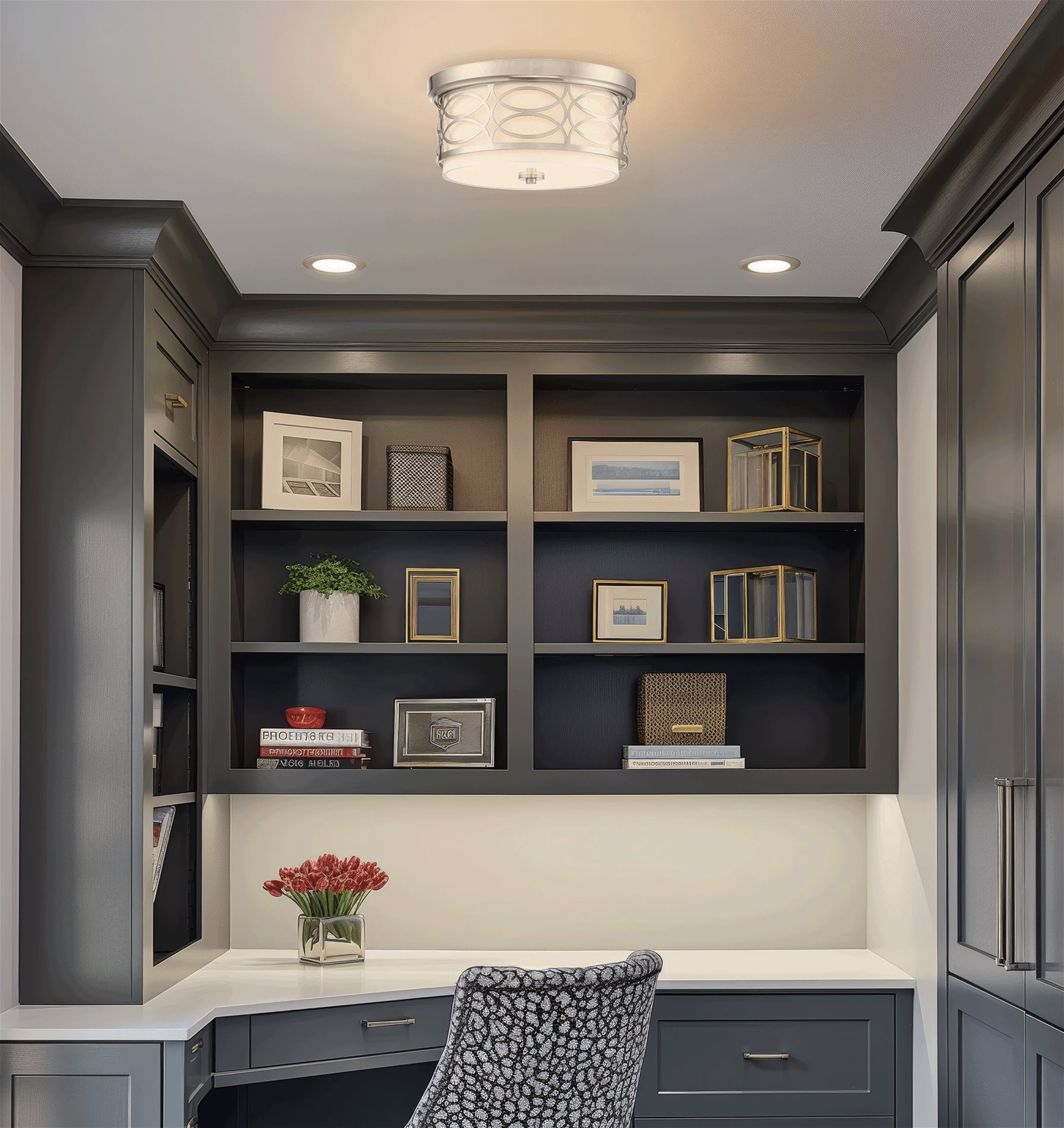 Kira Home Sienna 13" Lattice Drum Flush Mount, Silver Ceiling Light, White Linen Shade, Glass Diffuser, Brushed Nickel