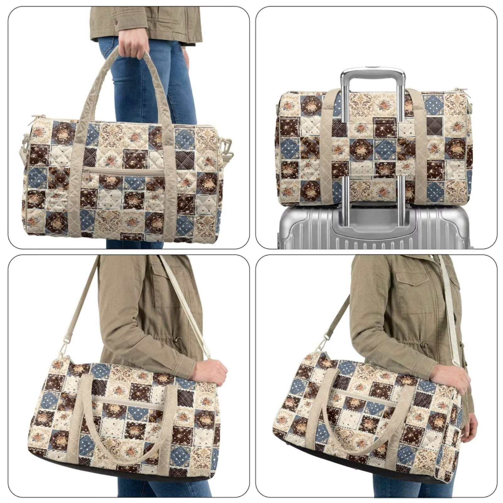 Chririnla Lightweight Fitness Bag for Women Large Capacity Athletic Duffle with Smooth Zipper & Luggage Handle Strap Fits Gym, Beige Floral Patchwork Print