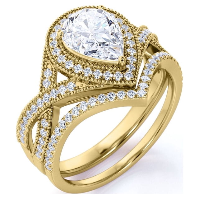 JeenMata Conjunto Nupcial de Moissanita de Corte Pera de 1,5 Quilates - Conjunto Nupcial - Anillo Art Déco - Anillo con Halo - Anillo de Racimo - Oro Amarillo de 18 K sobre Plata