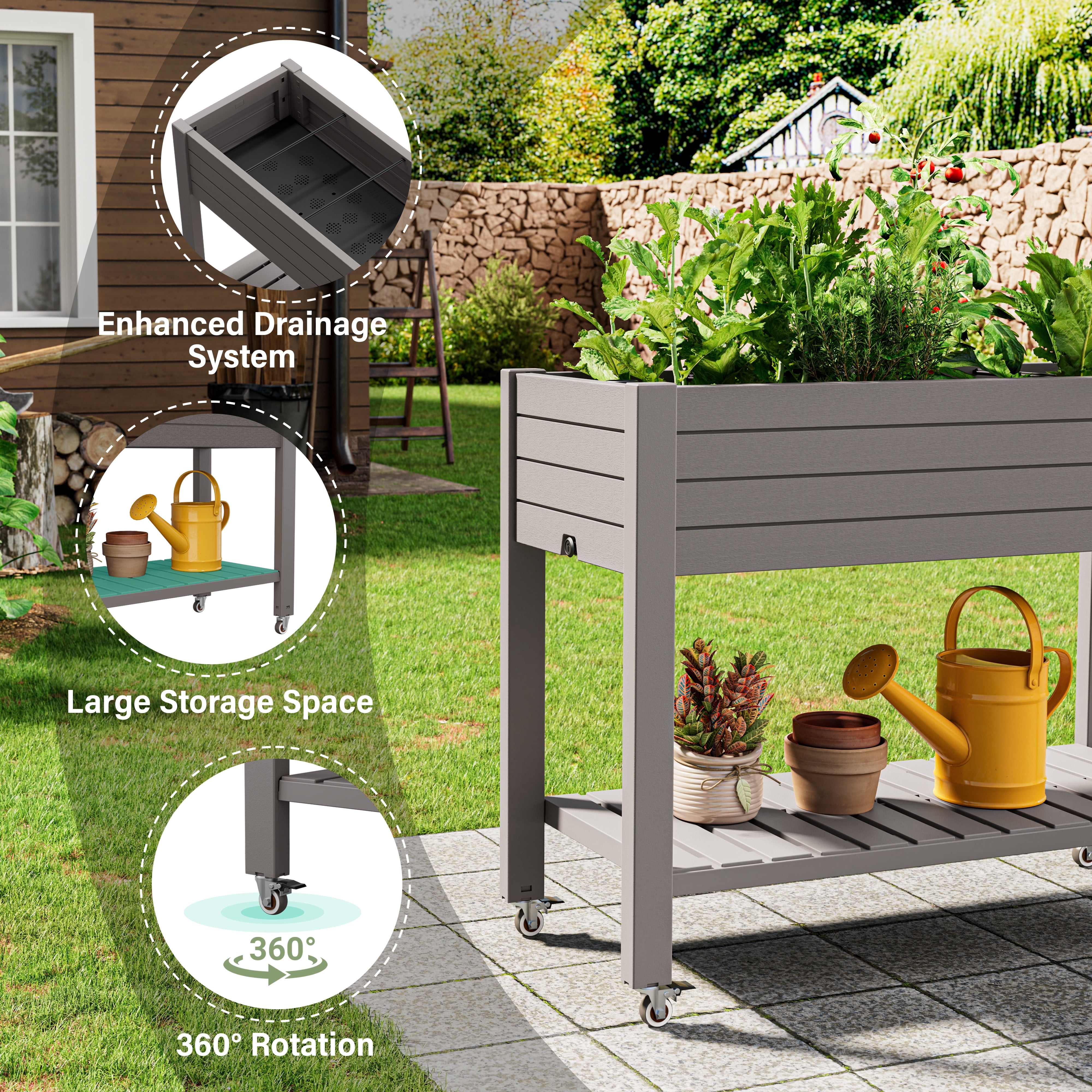 Bifanuo Raised Garden Bed with Wheels - Outdoor Elevated Planter with Weatherproof Resin, Effective Drainage for Backyard, Patio and Balcony, Gray