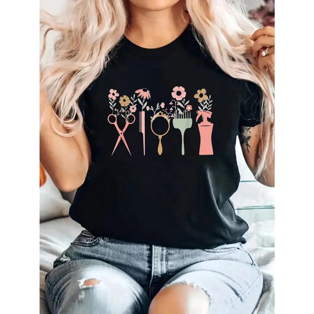 Women's Floral Hair Stylist Graphic T-Shirt - Round Neck, Short Sleeve, Soft Cotton Blend, Black Design, Perfect for Salon or Casual Outfits
