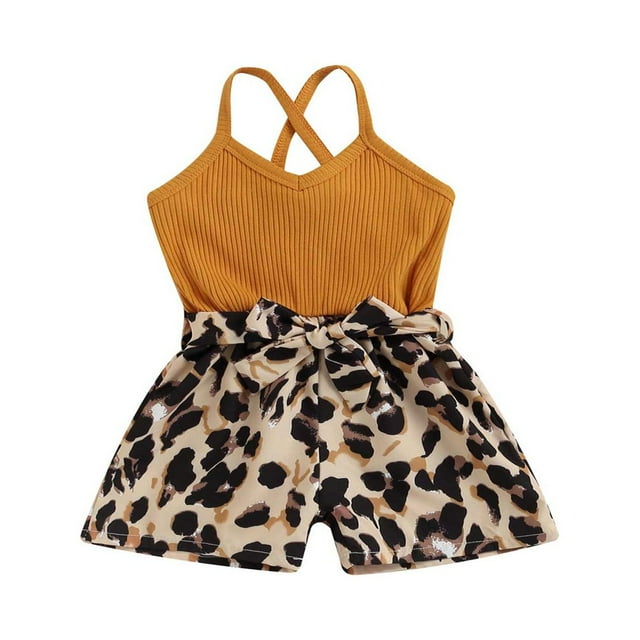 Barboteuse Sans Manches Dos Nu pour Filles, Combinaison Léopard, Pantalon Évasé Jaune 2-3 Ans
