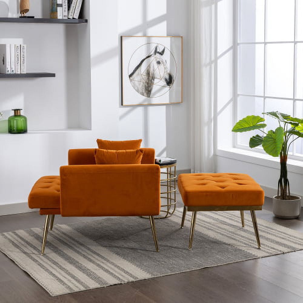 BSHTI 36.61'' Wide Modern Accent Chair With 3 Positions Adjustable Backrest, Tufted Chaise Lounge Chair, Single Recliner Armchair With Ottoman And Gold Legs For Living Room, Bedroom (Orange)