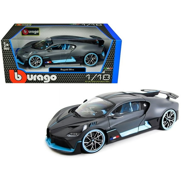 Bugatti Divo Matt Gray with Blue Accents 1/18 Diecast Model Car by Bburago