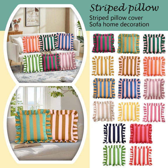 Throw Pillow Cover, Striped Throw Pillow, Decorative Throw Pillow Covers, Throw Pillow Covers for Couch, 18X18 Inch Ruffled Edge Blue Orange Striped Decorative Pillow Case for