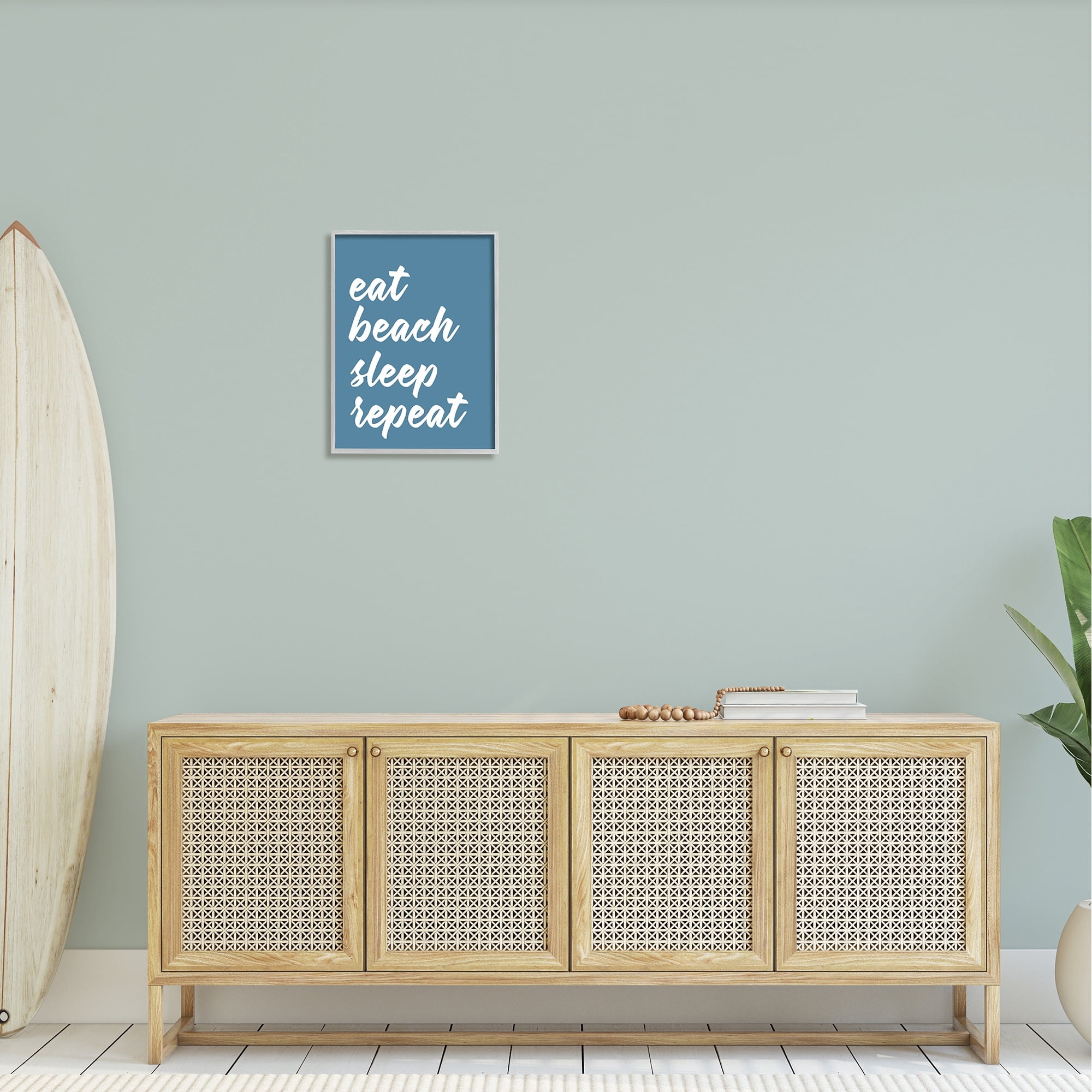 Stupell Industries Eat Beach Sleep Repeat Blue Script Phrase Graphic Art Gray Framed Art Print Wall Art, Design by Lettered and Lined
