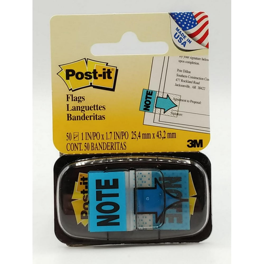 Postit Printed Message Flags, "Note" with Arrow, 1 Inch Blue, One Dispenser of 50 Flags