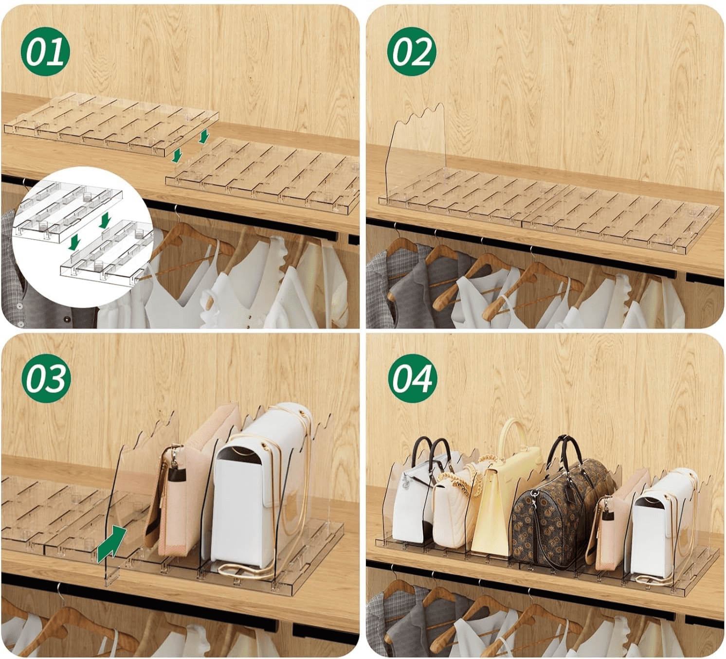 LLMRR Closet Organizers and Storage, Purse Organizer for Closet, Closet Shelf Organizer, Shelf Dividers for Closet Organization, Storage for Purses in Closet, Handbag Storage Organizer, Clear, 2 Pack