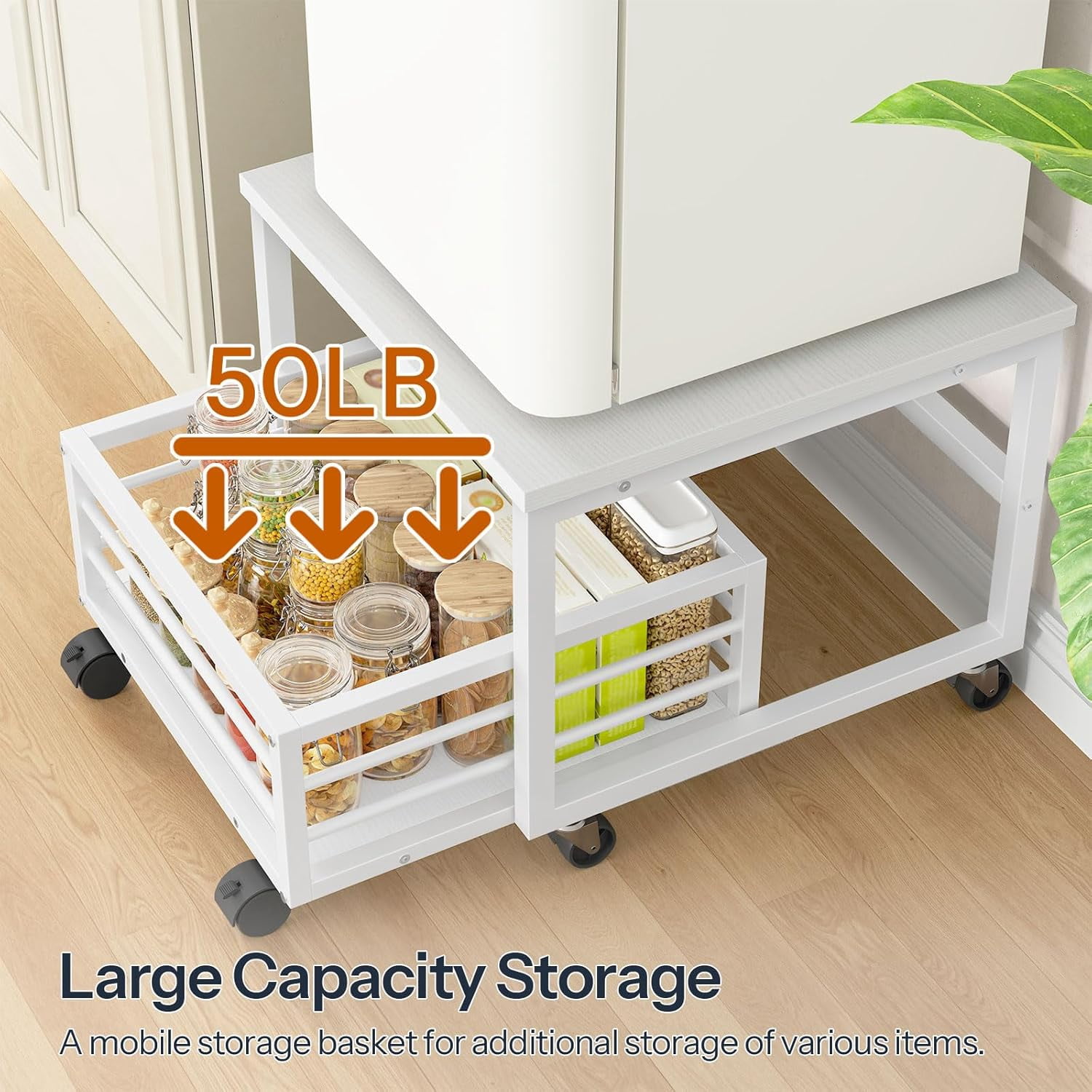 Mini Fridge Stand with Movable Storage Basket, Mini Fridge Cabinet with Wheels and Adjustable Feet, Sturdy Metal Frame, for Home, Apartment,Office, Dorm