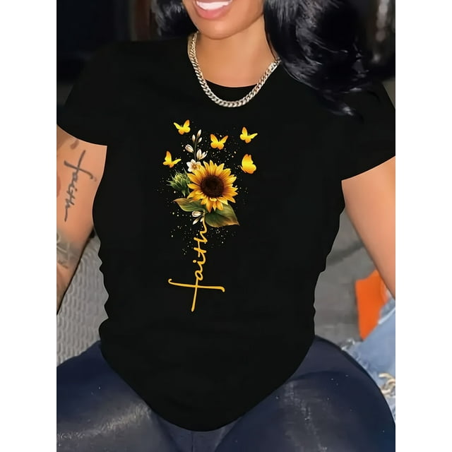 Faith Sunflower Printed Summer T-Shirt, Versatile Short-Sleeve Round-Neck Top for Women.