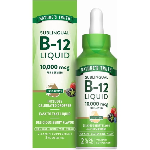 B12 Sublingual Liquid Drops | 10,000 mcg | 2 fl oz | Berry Flavor | Fast Acting | by Nature's Truth