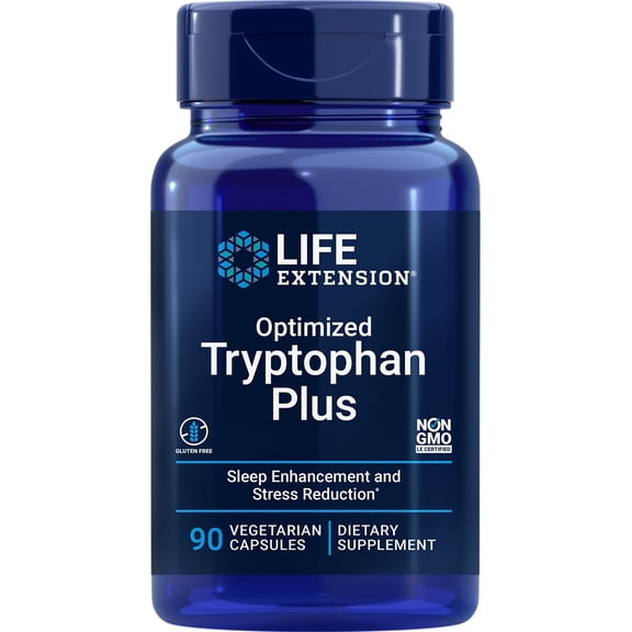 Life Extension Optimized Tryptophan Plus, niacin, L-lysine, L-tryptophan, support for healthy sleep, mood, stress response & satiety, gluten-free, non-GMO, vegetarian, 90 capsules