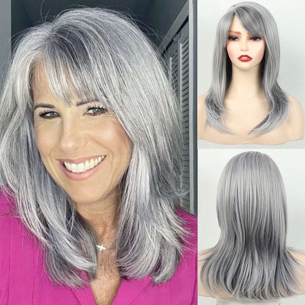 Long Gray Curly Wig with Side Bangs Medium Length Synthetic Hairpiece for Women