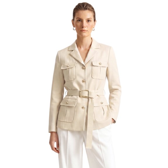 DARING DIVA Women's Blazer Notched Lapel Long Sleeve Belted Suit Jacket Small Apricot