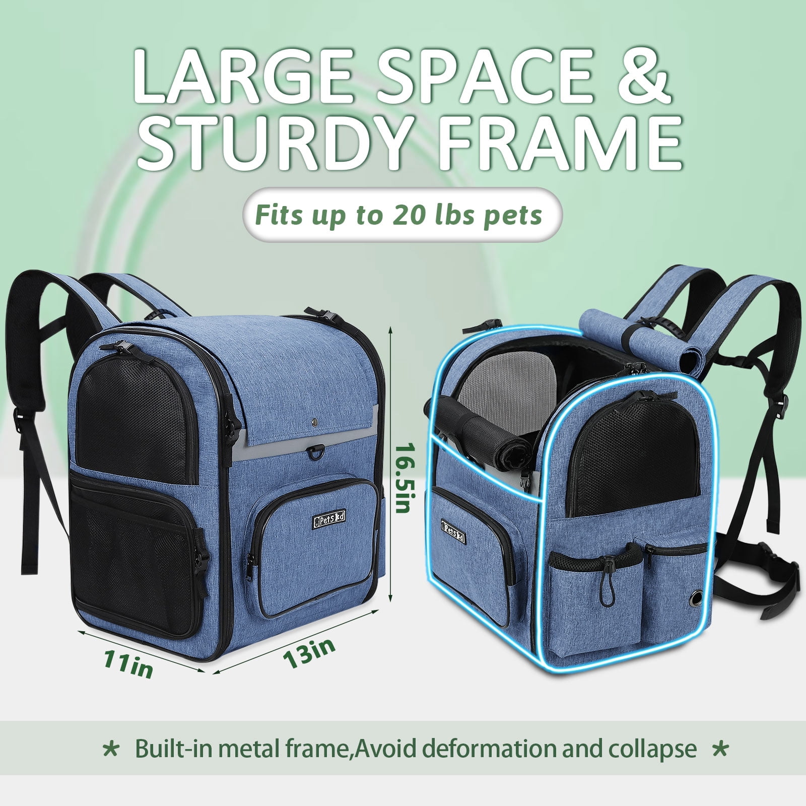 PETSKD Pet Carrier Backpack for Dogs Cats, 13x11x16.5 inches Outdoor Travel Backpack with with Safety Lock Zipperl, Large Space Foldable Backpack for Pets Under 20 lbs, Blue