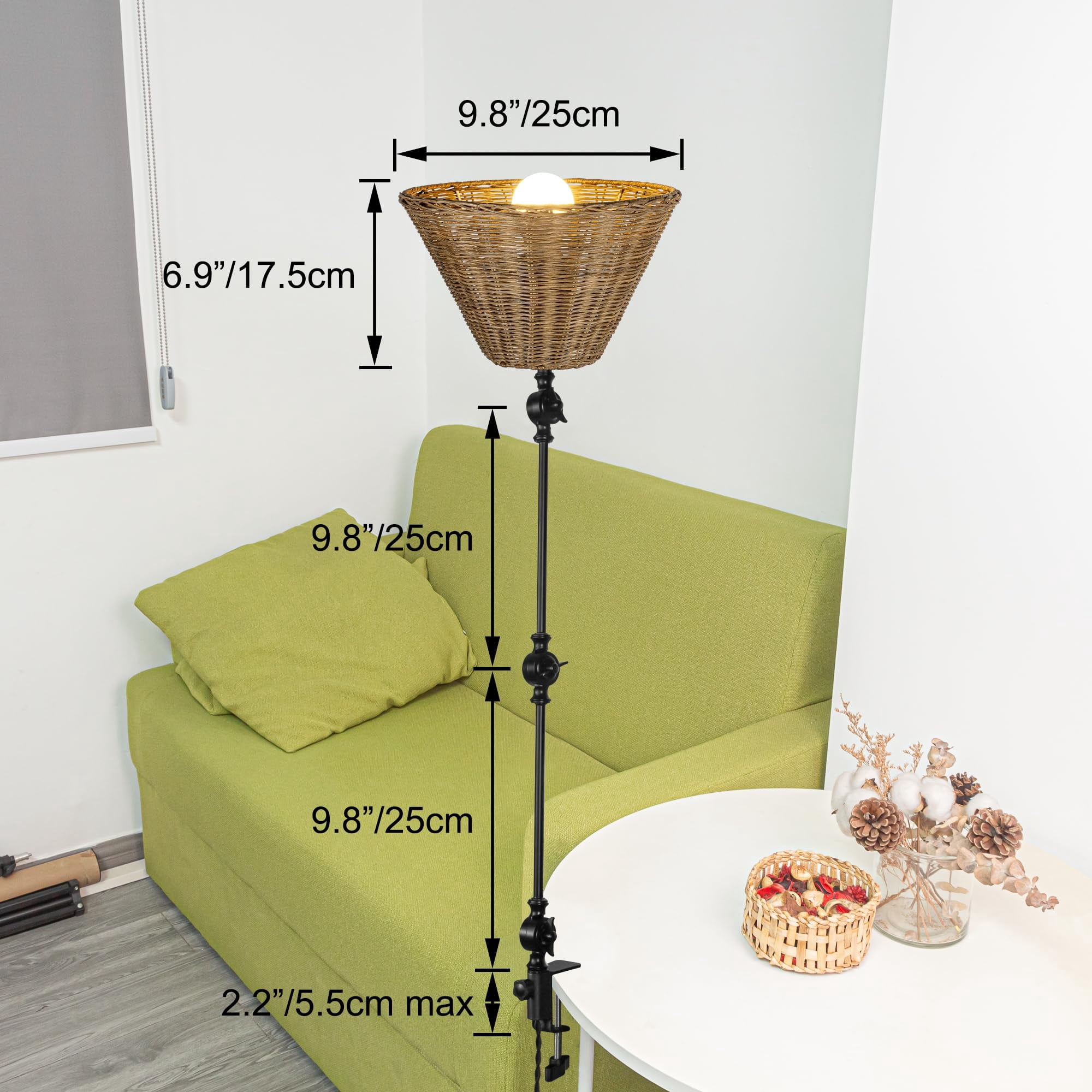 Kiven Dimmable Clip-on Desk Lamp, 1-Light Rattan Nightstand Lamps with Flexible Swing Arm, 8.2FT Plug in Cord, Farmhouse Decorative Clamp Lamp for Office Home Bookshelf Bedside DZ0511