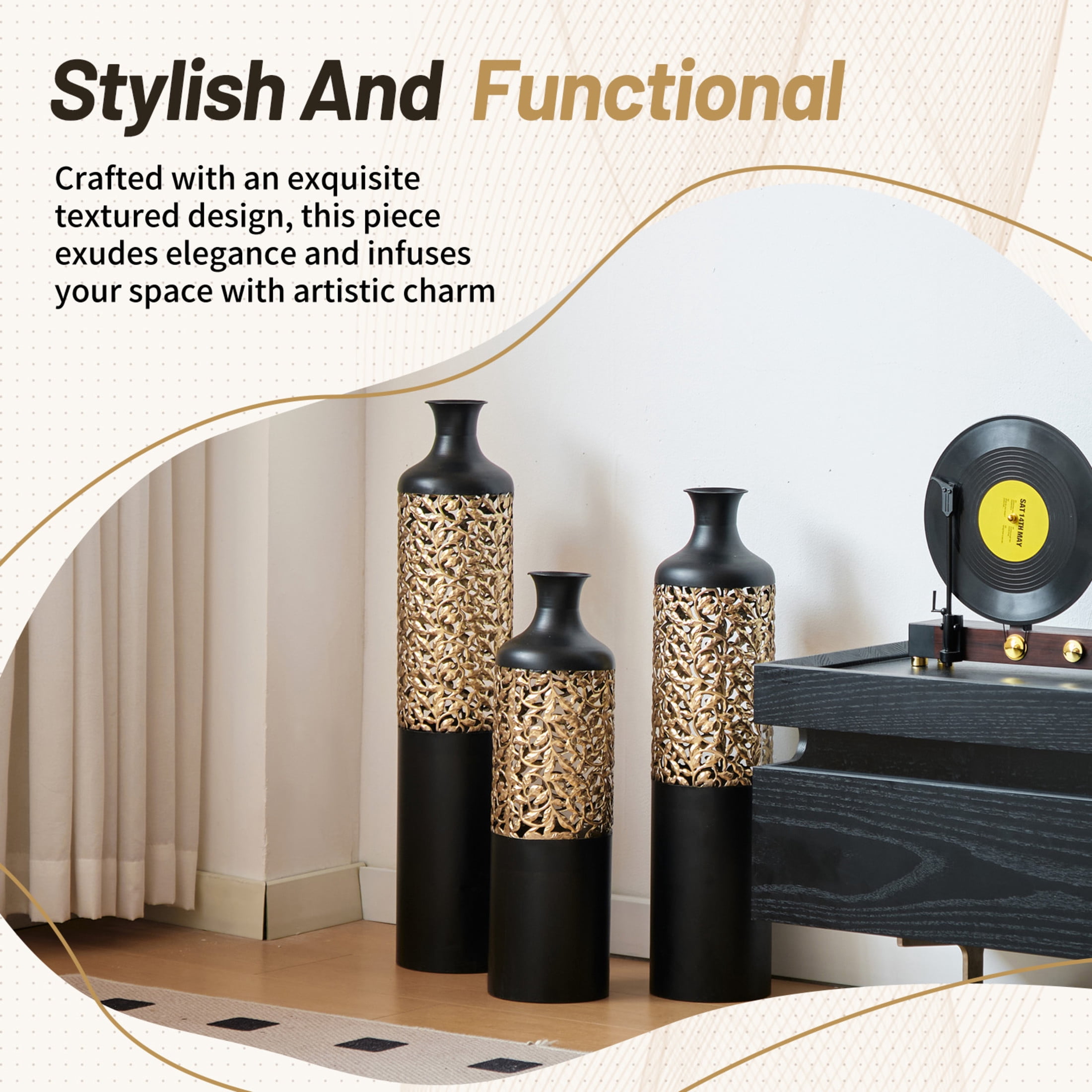 Noble House 20.8", 24.8", 28.7" Metal Floor Vase Set of 3, Cutout Geometric Vases, Black+Gold