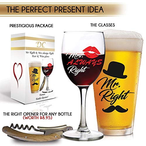 Gift for Bride Wine Glass Bridal Shower Wedding Beer Glass Engagement Gift Wedding Gift Mr Right Mrs Always Right Glasses Set