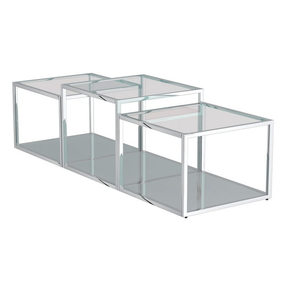 Table de Basse Multi-Niveaux Contemporaine en Métal et Verre, Jeu de 3 - Argent