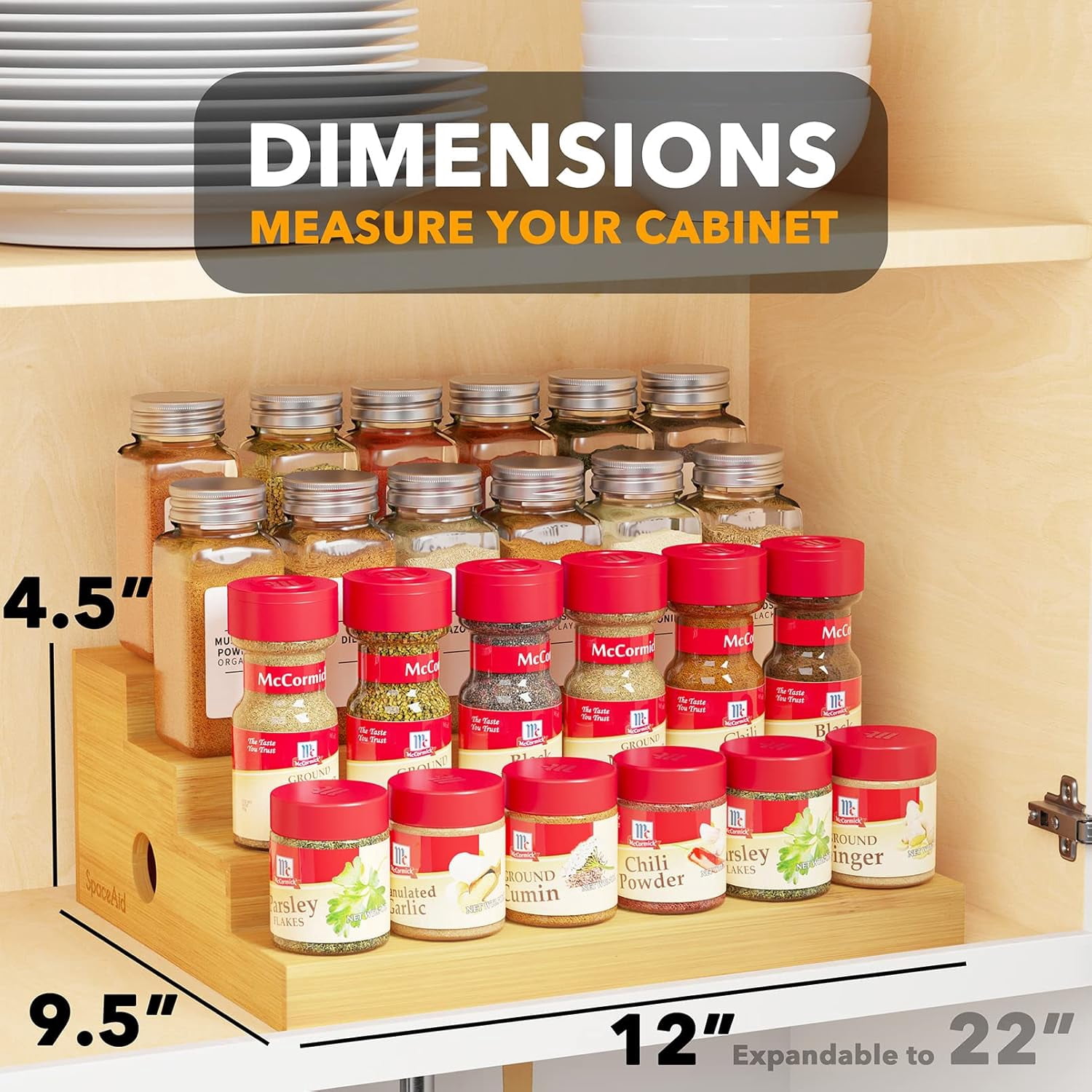 SpaceAid Expandable Spice Rack Organizer for Cabinet, Bamboo, 4 Tier