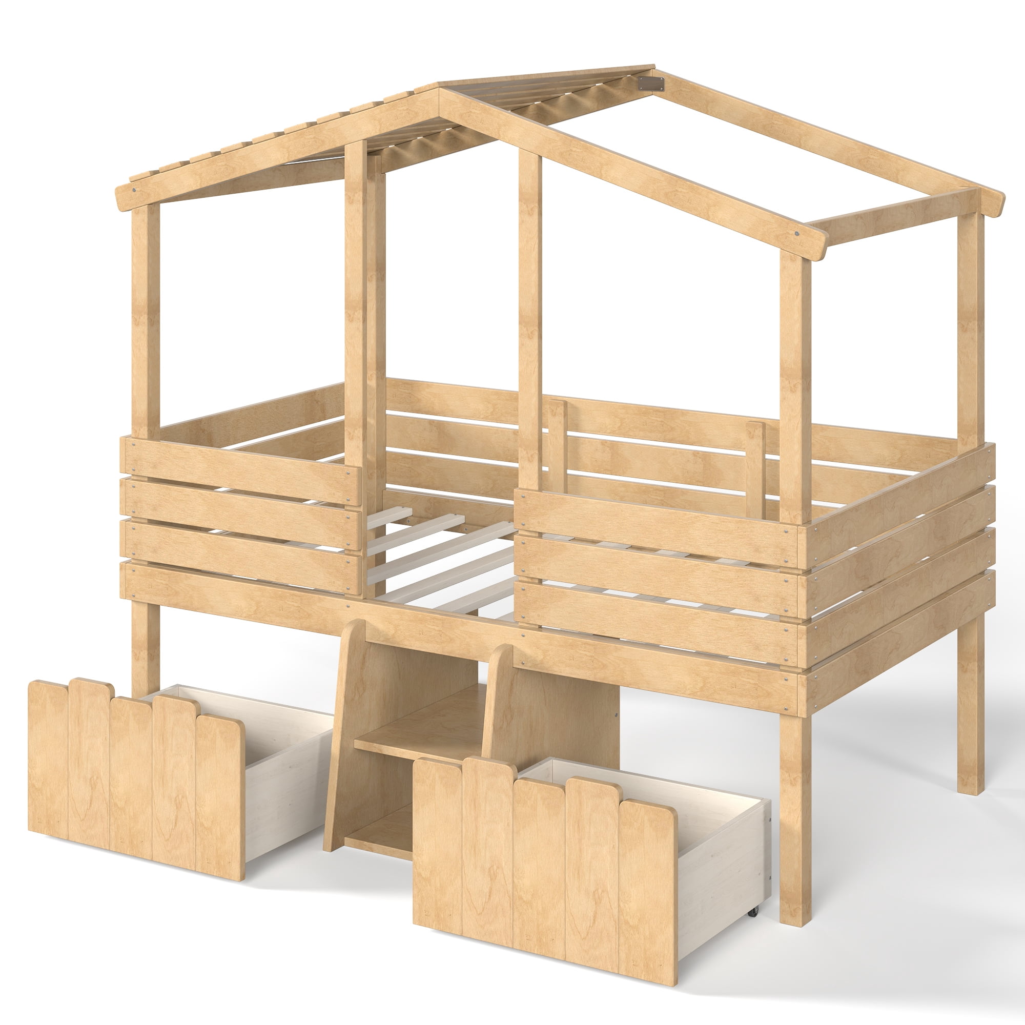 Leumius Twin House Loft Bed with Cute Stairs and 2 Storage Drawers, Farmhouse Low Loft Bed with House Shaped Roof, Childlike and No Box Spring Needed Design Natural