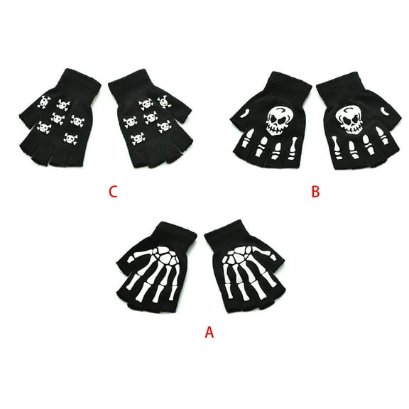 UNTERING Gloves Unisex Adult Halloween Skeleton Skull Half Finger Gloves Glow Fingerless Stretch Knitted Winter Mittens