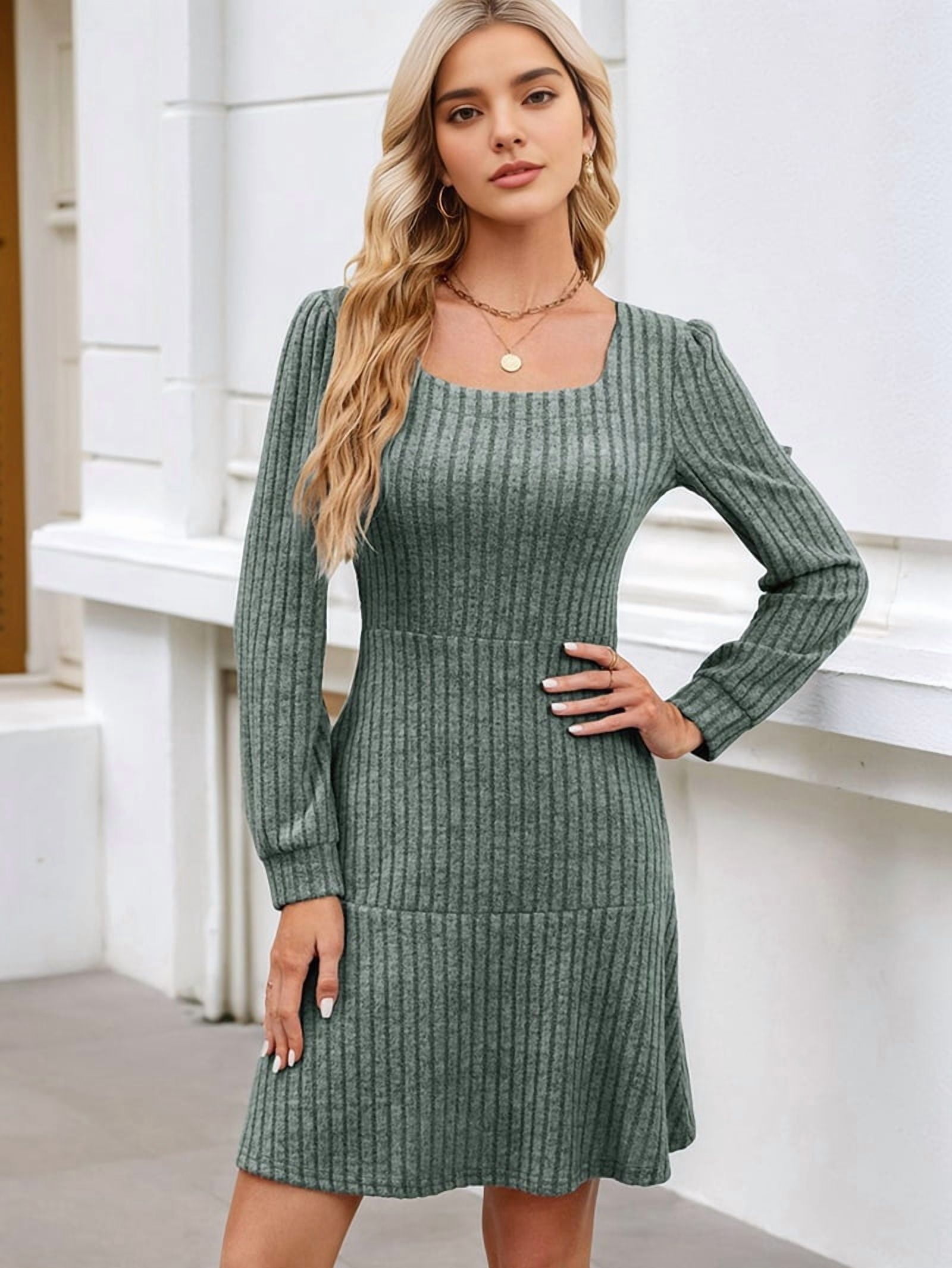 Womens Square Neck Long Sleeve Fall Dresses Casual Babydoll Sweater Dress