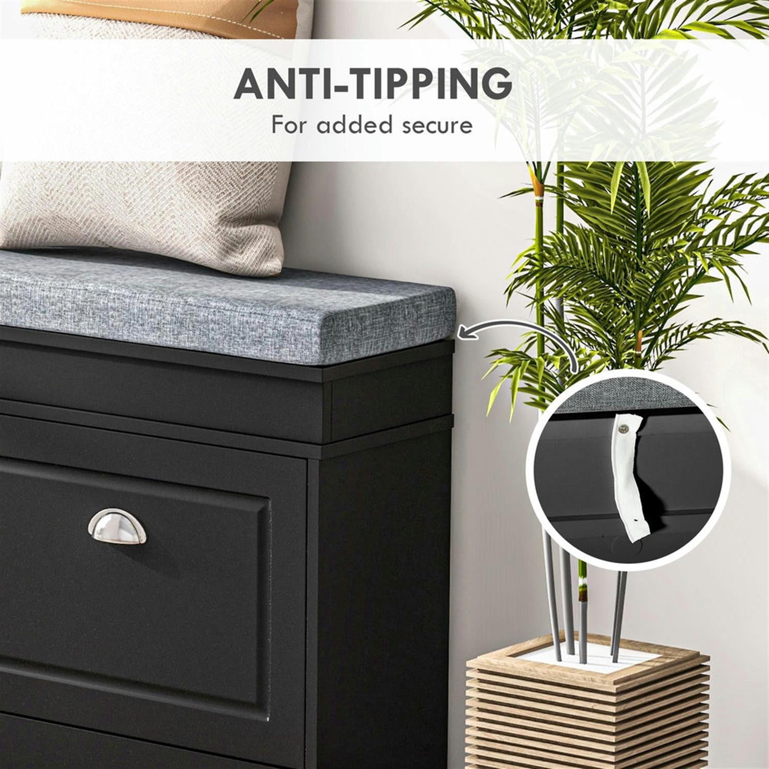 Demi Bonn 41" Modern Storage Bench with Cushion, Entryway Bench, 2 Drawer Ottoman, Large Capacity for 8 Pairs Shoes, Black