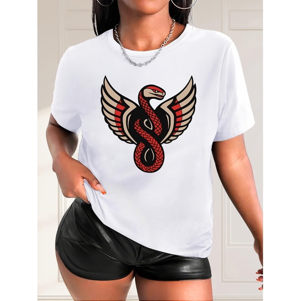 Camiseta De Mujer De Verano Ligera Básica Para Mochilero, Camping, CaminarWomen's Casual Graphic Tee - Winged Snake Design, Round Neck Short Sleeve T-Shirt, Breathable Polyester Fabric, White with R