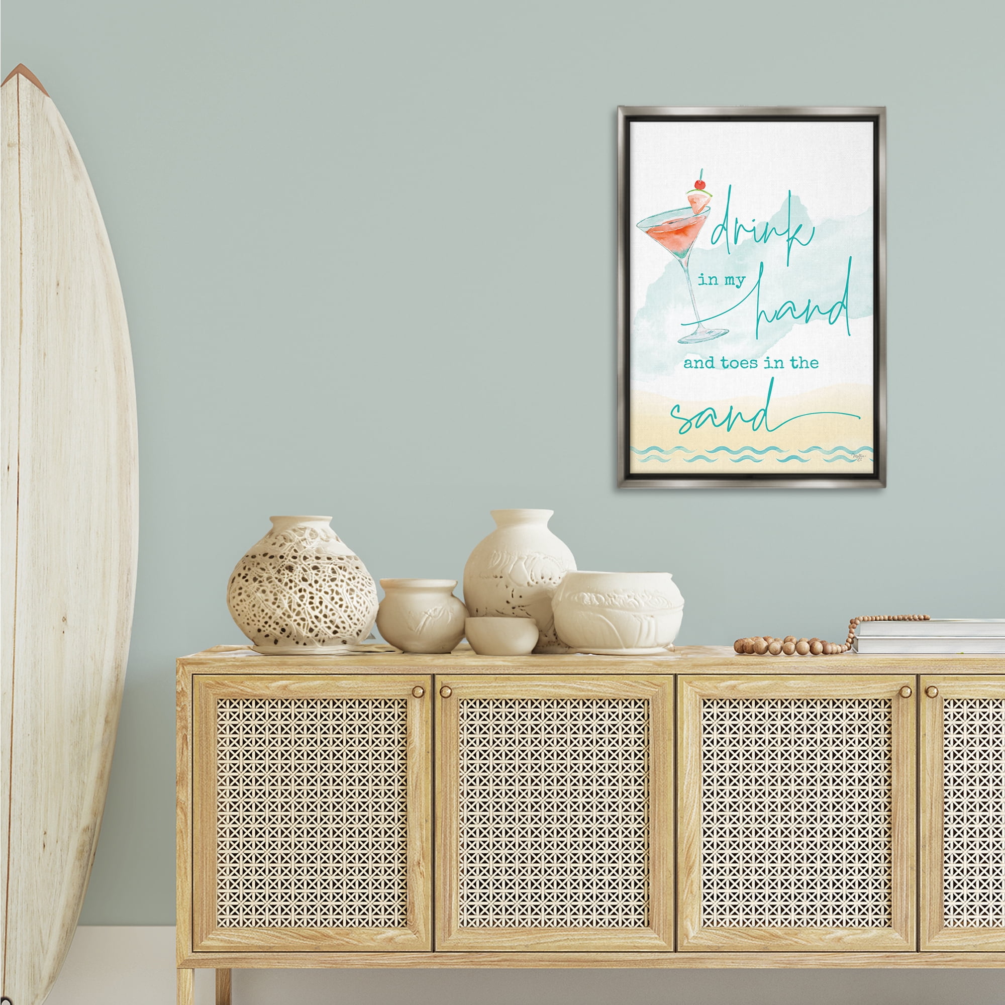 Stupell Industries Drink & Sand Beach Sentiment Text & Numbers Painting Gray Floater Framed Canvas Art Print Wall Art, 21 x 31