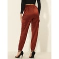thumbnail image 4 of Pantalones cargo de satén sedoso de tiro alto elástico con cordón para mujer marrón S, 4 of 6