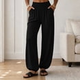 thumbnail image 2 of Women Solid Elastic High Waist Loose Cuffed Jogger Pants, Side Pockets Full Length Casual Sports Loungewear Trousers for Daily Hang-out Black M(M), 2 of 8