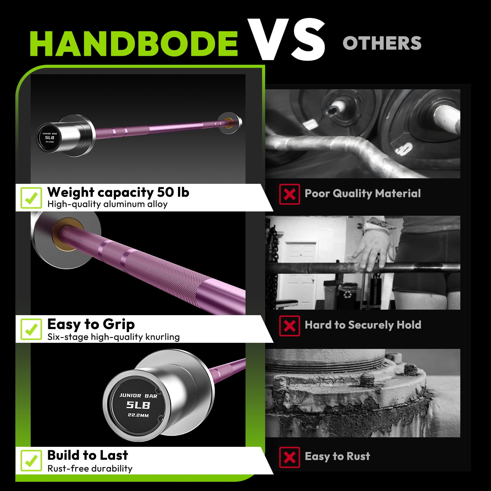 HANDBODE 5lb Mini Barbell, 4ft Short Barbell, Beginner Women Weightlifting Bar, Compatible with 2-Inch Weight Plates, for Strength Training Home Gym Weight Lifting (Pink & Silver)