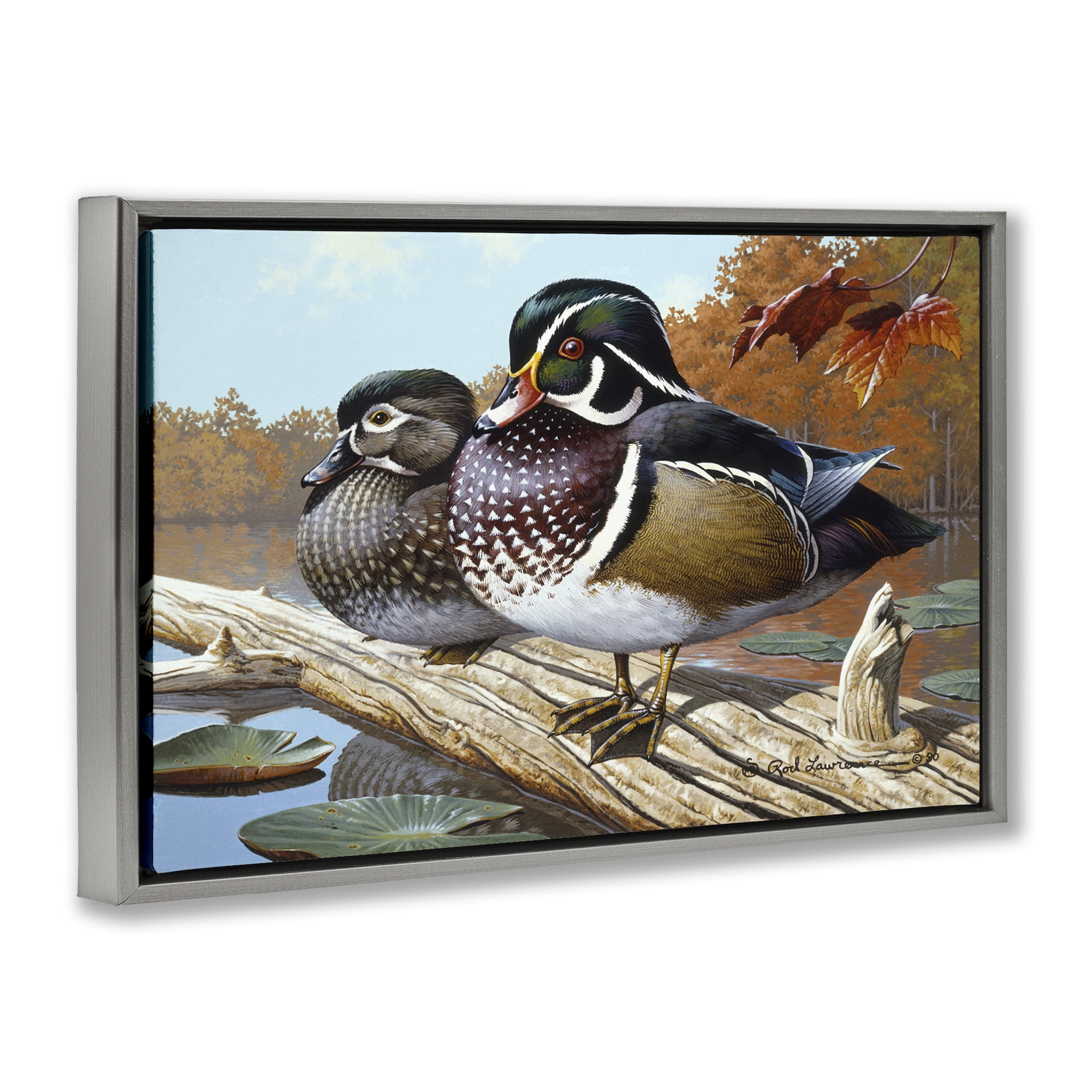 Stupell Industries Duck Pair on Driftwood Animals Painting Gray Floater Framed Canvas Art Print Wall Art, 25 x 17