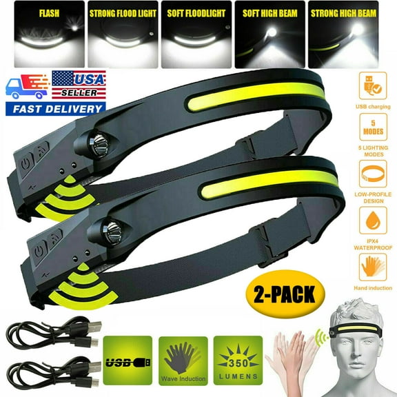NIFFPD Rechargeable Headlamp, LED Headlamp (2 Pack) COB Flashlight with Motion Sensor for Running, Camping, Hiking, Fishing