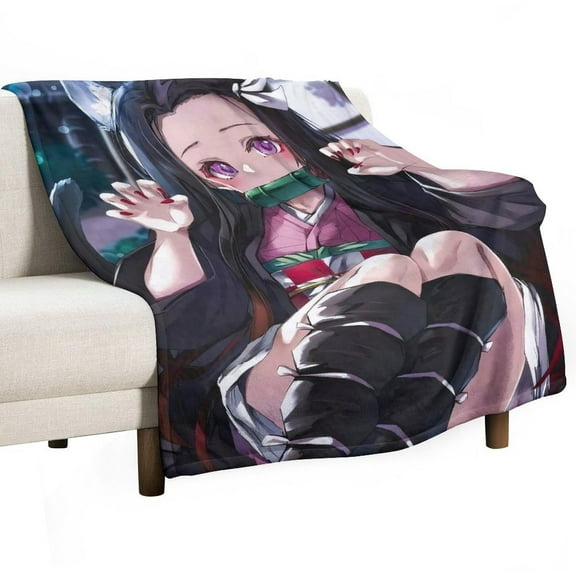 Demon Blanket  Nezuko Flannel Throw Blankets Soft Pile Cozy Plush Throw Blanket for All Seasons, 3D Printed Warm Blanket for Sofa Beds Home Decor