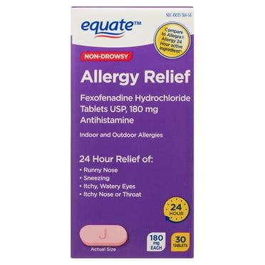 Equate Fexofenadine Hydrochloride USP Non-Drowsy Allergy Relief Tablets, 180 mg, 30 Count, Compare to Allegra® Allergy 24 Hour Active Ingredient