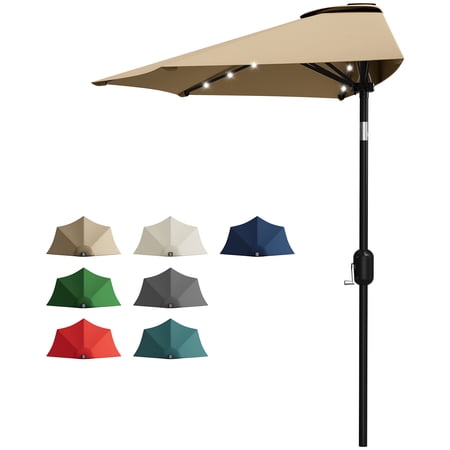 9FT Solar LED Half Patio Umbrella with Auto-Evening Lights Easy Crank Lift, UV Protection for Patio, Deck, Balcony, Garden, Backyard in Tan