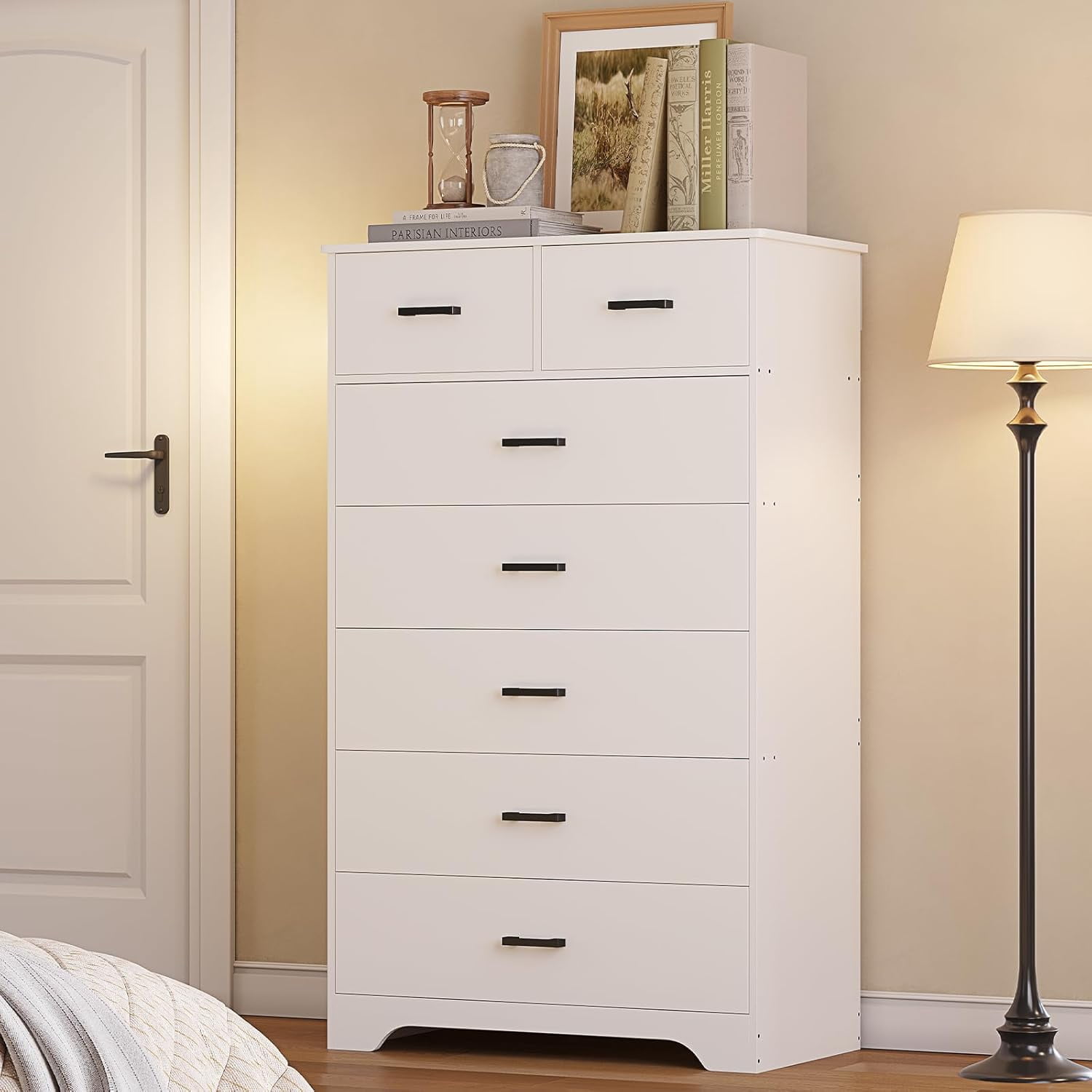 Aunfebrco White Dresser with 7 Drawers for Bedroom Vertical Chest of Drawers with Metal Handle 55.7" Tall Dresser Storage Cabinets for Living Room