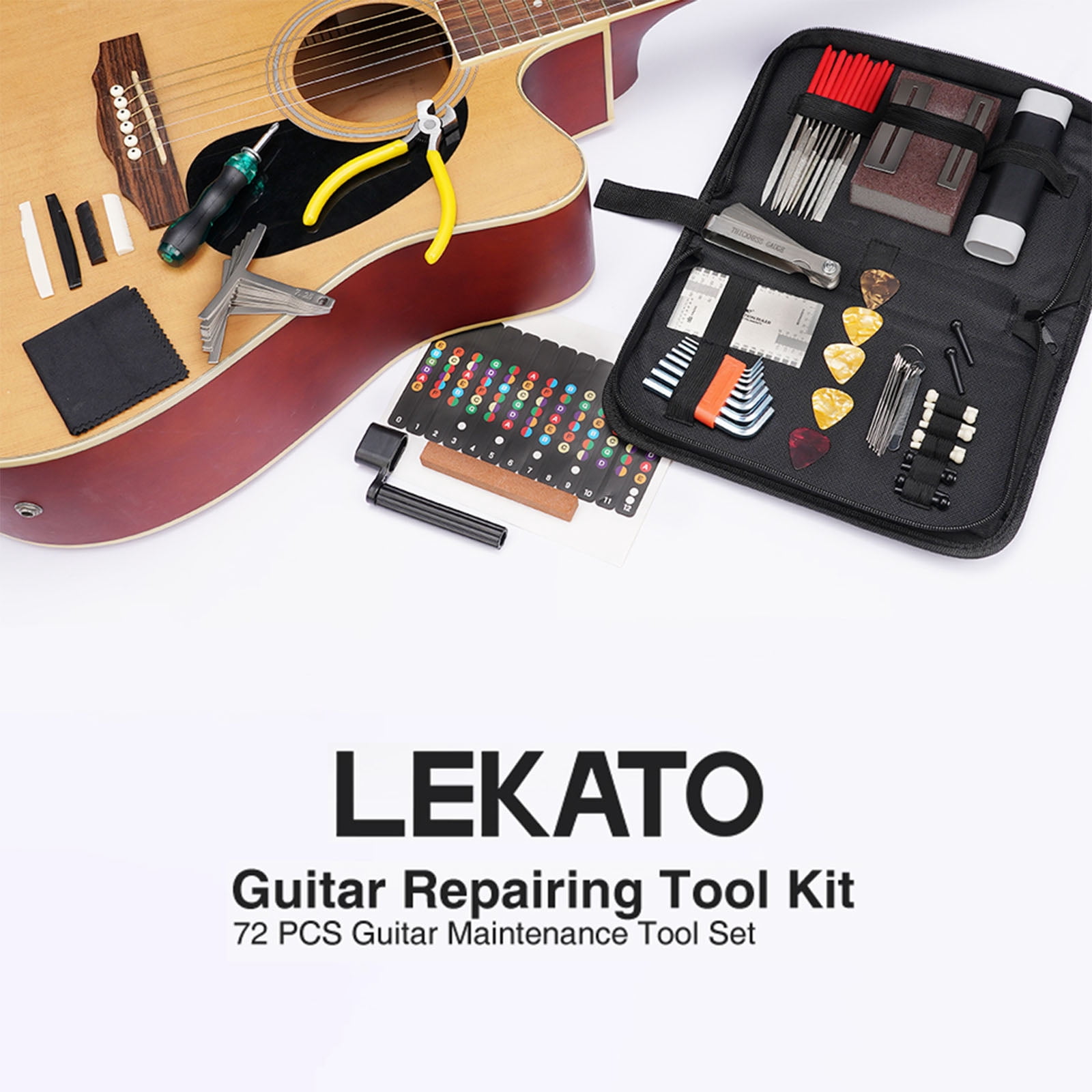 LEKATO 72Pcs Guitar Tool Kit, Guitar Repair Kit, Guitar Setup Kit, Professional Guitar Repairing Maintenance Tool Kit for Luthier Beginner, Guitar Accessories for Acoustic Guitar Ukulele Bass Banjo