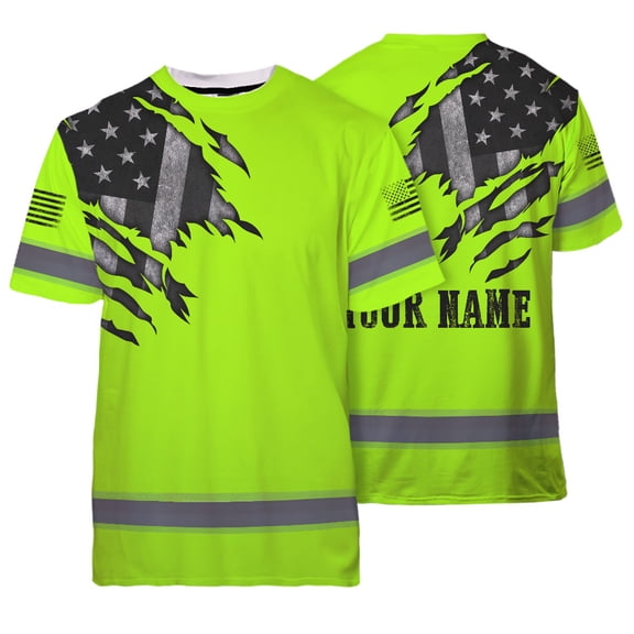 Hi Vis Shirt Reflective Scratch Green Neon US Flag Custom Name Safety Workwear for Workers, Runners, Cyclists, Trucker, Operator, Patriotic