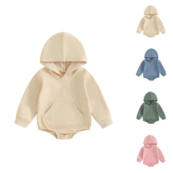 Baby Boys Girls Solid Color Hooded Pocket Long Sleeve Bodysuit Romper Jumpsuit Outfit For Toddler Autumn Fall Season