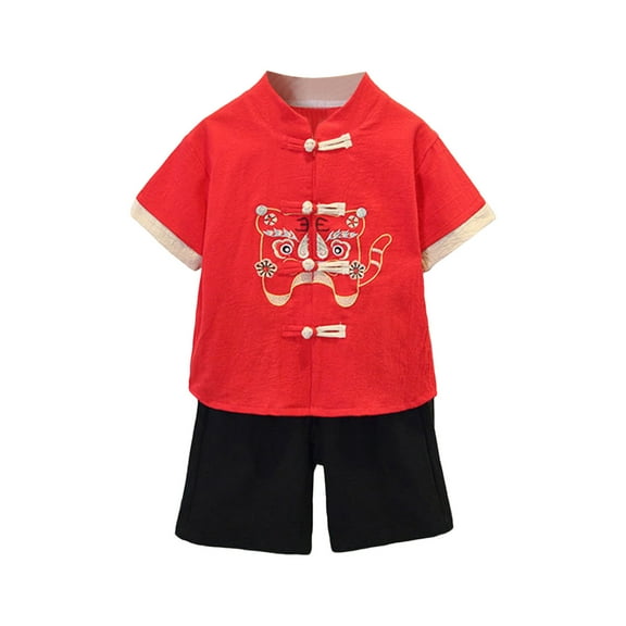 WOYY Boys Chinese Tang Style Outfits Linen Short Sleeve Shirt Shorts Set