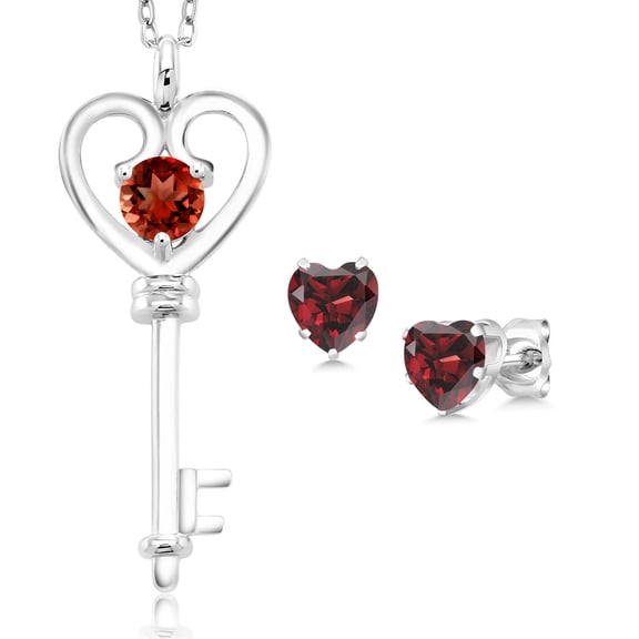 Gem Stone King 925 Sterling Silver Red Garnet Key Pendant and Earrings Jewelry Set for Women (1.65 Cttw, Gemstone Birthstone, Round 5MM, with 18 inch Silver Chain)